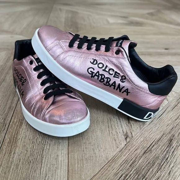 Dolce &amp; Gabbana 👧🏽Girls Youth👧🏽 Pink Metallic Logo Leather Low Top Sneakers