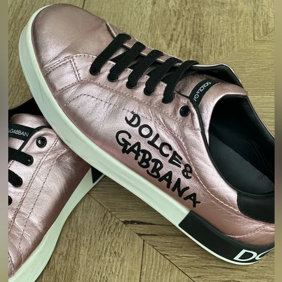 Dolce &amp; Gabbana 👧🏽Girls Youth👧🏽 Pink Metallic Logo Leather Low Top Sneakers