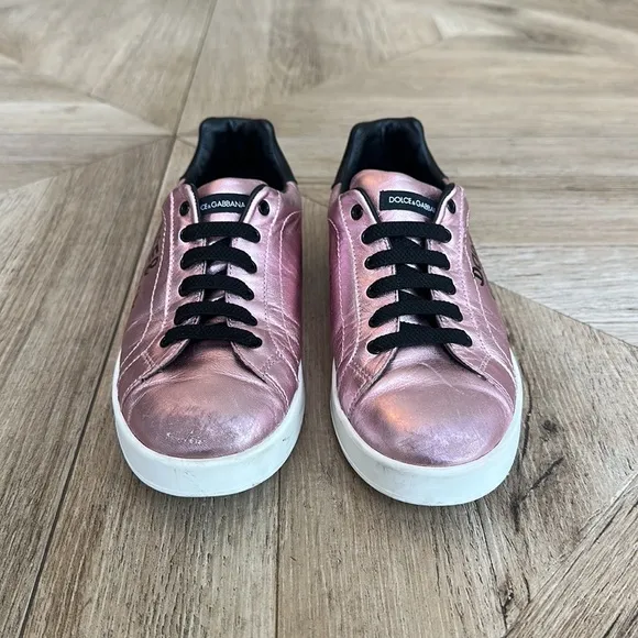 Dolce &amp; Gabbana 👧🏽Girls Youth👧🏽 Pink Metallic Logo Leather Low Top Sneakers