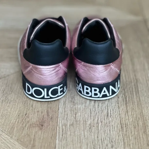 Dolce &amp; Gabbana 👧🏽Girls Youth👧🏽 Pink Metallic Logo Leather Low Top Sneakers