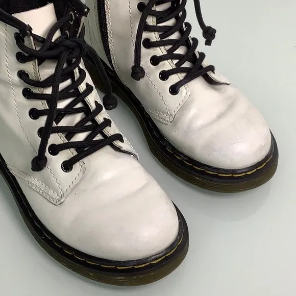 Dr Martens Air Wair White leather zip up lace up Combat ankle booties girl SZ 13