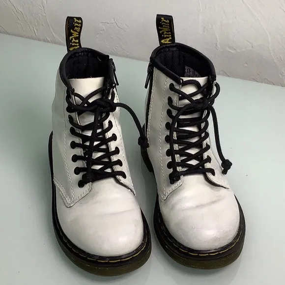 Dr Martens Air Wair White leather zip up lace up Combat ankle booties girl SZ 13