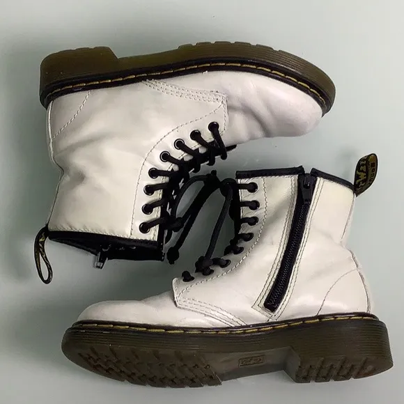 Dr Martens Air Wair White leather zip up lace up Combat ankle booties girl SZ 13