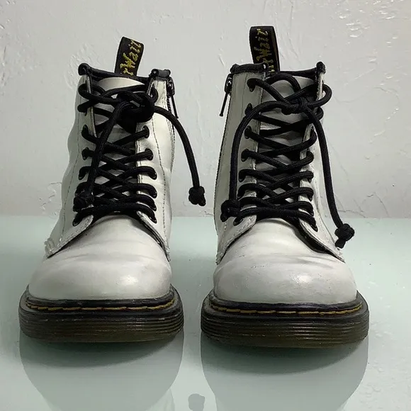 Dr Martens Air Wair White leather zip up lace up Combat ankle booties girl SZ 13