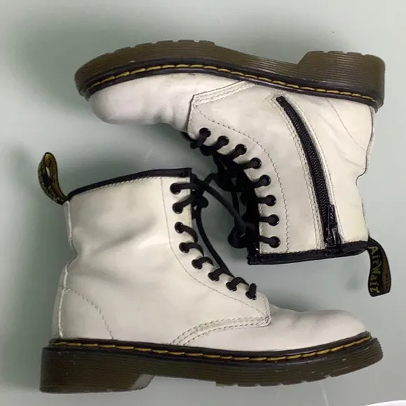 Dr Martens Air Wair White leather zip up lace up Combat ankle booties girl SZ 13