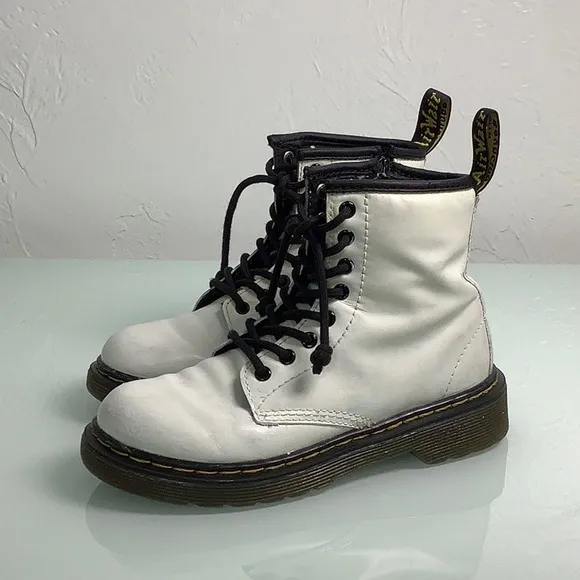 Dr Martens Air Wair White leather zip up lace up Combat ankle booties girl SZ 13