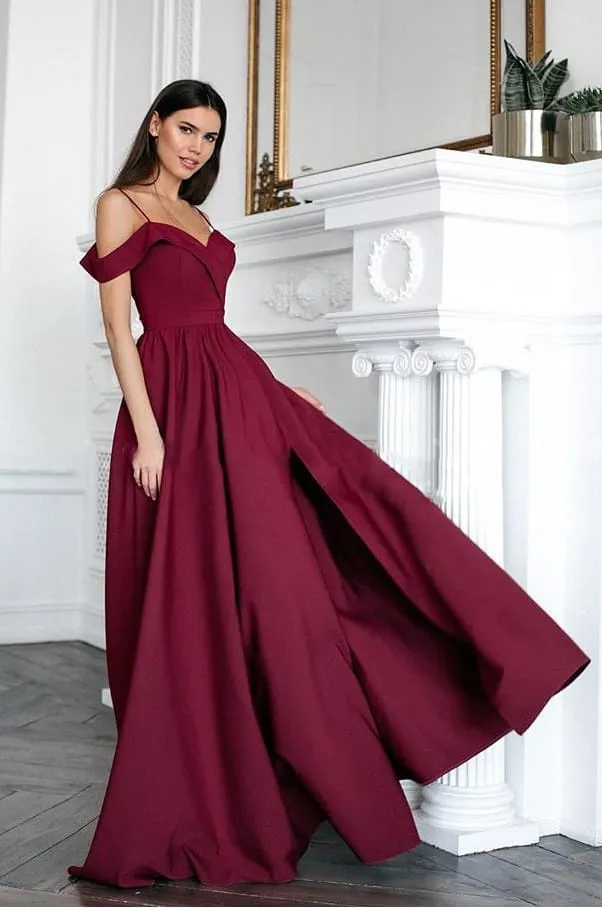 Elegant A Line Off The Shoulder Floor Length Prom Dress Split Evening Dress OHC460