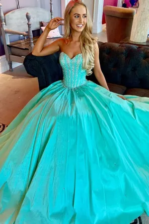 Elegant Ball Gown Blue Sweetheart Beaded Lace Up Long Senior Prom Dress Quinceanera Dress OHC416