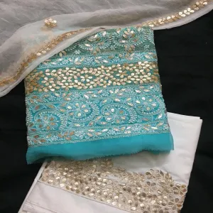 Fancy Pastel Blue unique Chikankari Gota Patti Salwar Kameez Set Unstitched online