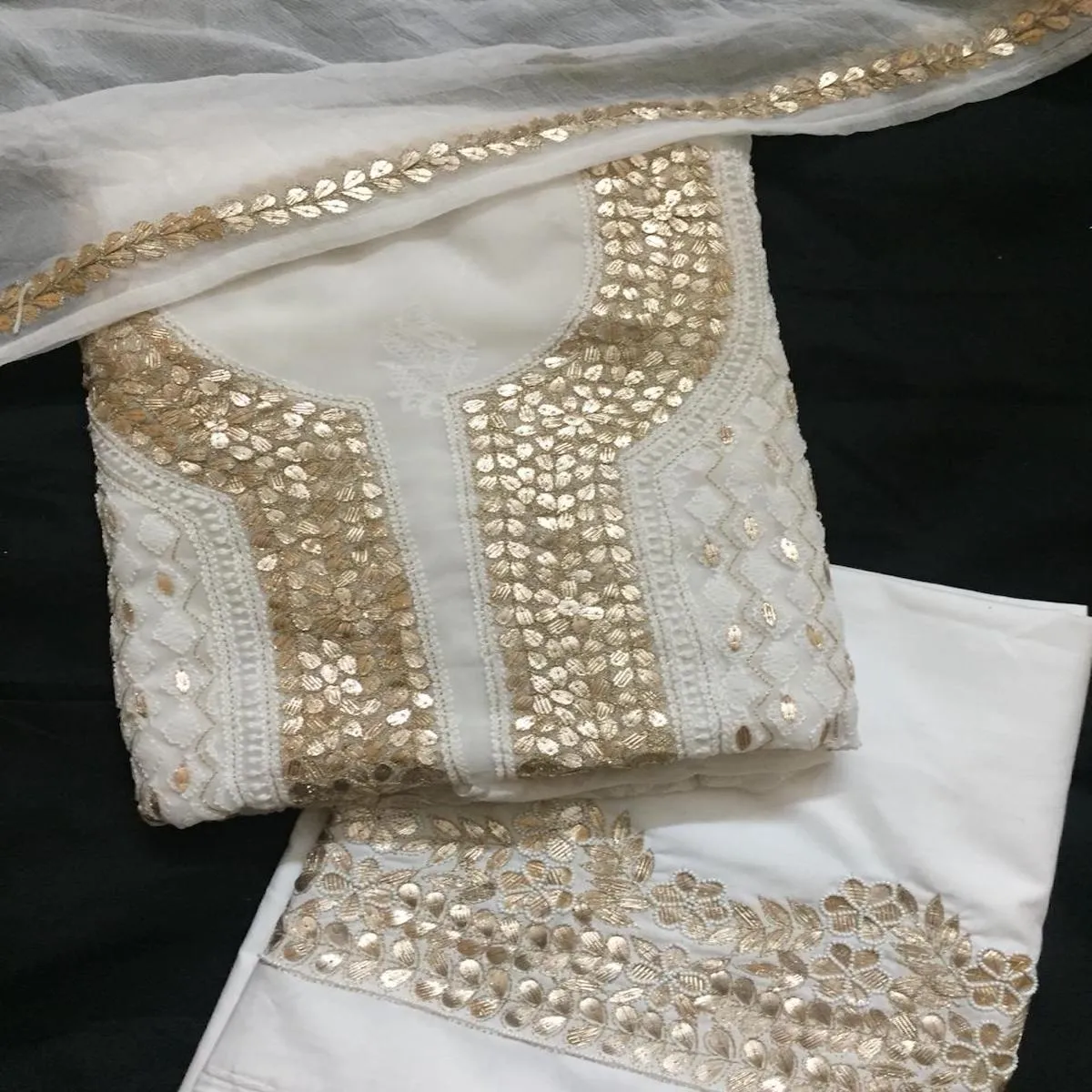 Fancy Pure White Lucknowi Chikankari Gota Patti Salwar Suit Set Unstitched