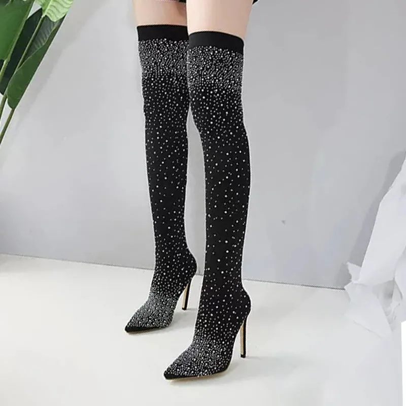 Fashion Woman Boot Runway Crystal Stretch Fabric Sock Boots Pointy Toe Over-the-Knee Heel Thigh High Pointed Toe Casual Shoes
