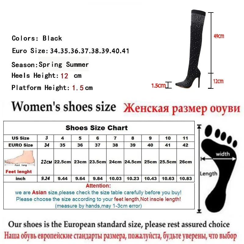 Fashion Woman Boot Runway Crystal Stretch Fabric Sock Boots Pointy Toe Over-the-Knee Heel Thigh High Pointed Toe Casual Shoes