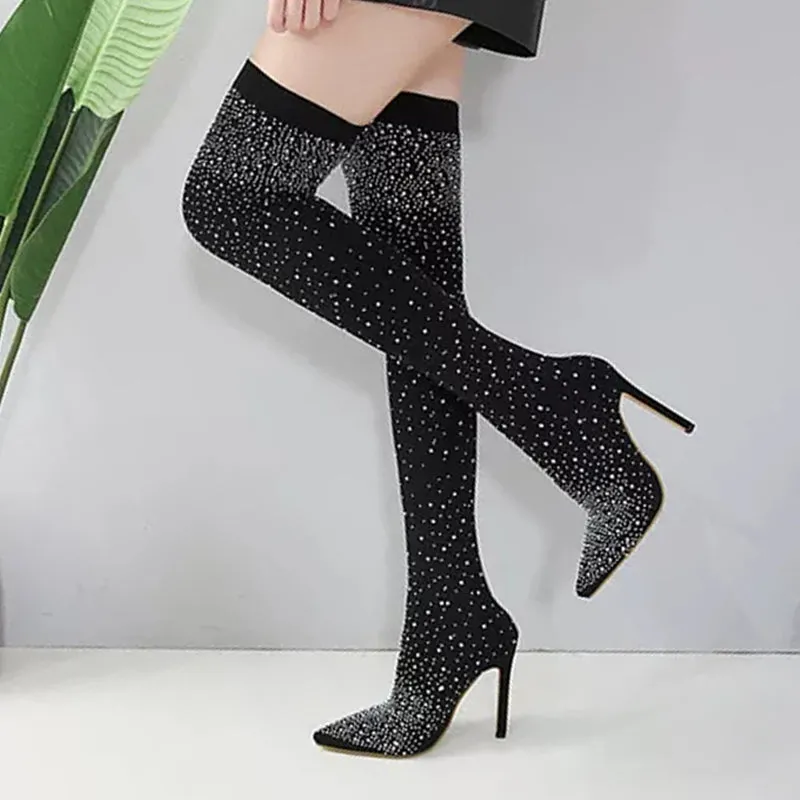 Fashion Woman Boot Runway Crystal Stretch Fabric Sock Boots Pointy Toe Over-the-Knee Heel Thigh High Pointed Toe Casual Shoes