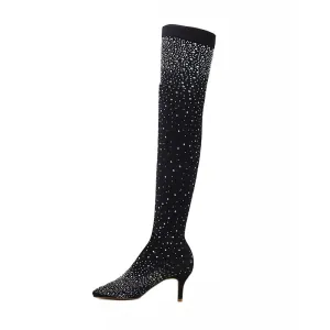 Fashion Woman Boot Runway Crystal Stretch Fabric Sock Boots Pointy Toe Over-the-Knee Heel Thigh High Pointed Toe Casual Shoes