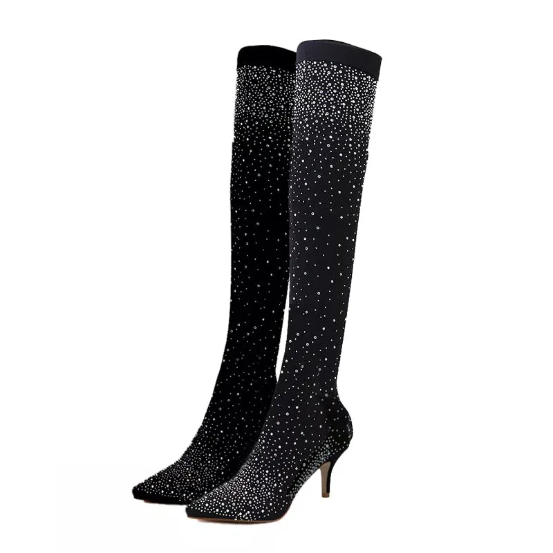 Fashion Woman Boot Runway Crystal Stretch Fabric Sock Boots Pointy Toe Over-the-Knee Heel Thigh High Pointed Toe Casual Shoes