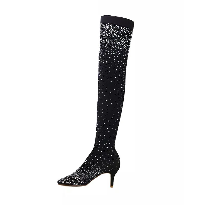 Fashion Woman Boot Runway Crystal Stretch Fabric Sock Boots Pointy Toe Over-the-Knee Heel Thigh High Pointed Toe Casual Shoes