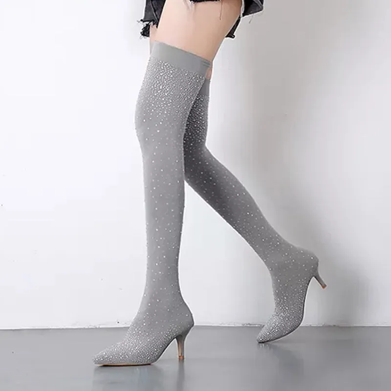 Fashion Woman Boot Runway Crystal Stretch Fabric Sock Boots Pointy Toe Over-the-Knee Heel Thigh High Pointed Toe Casual Shoes