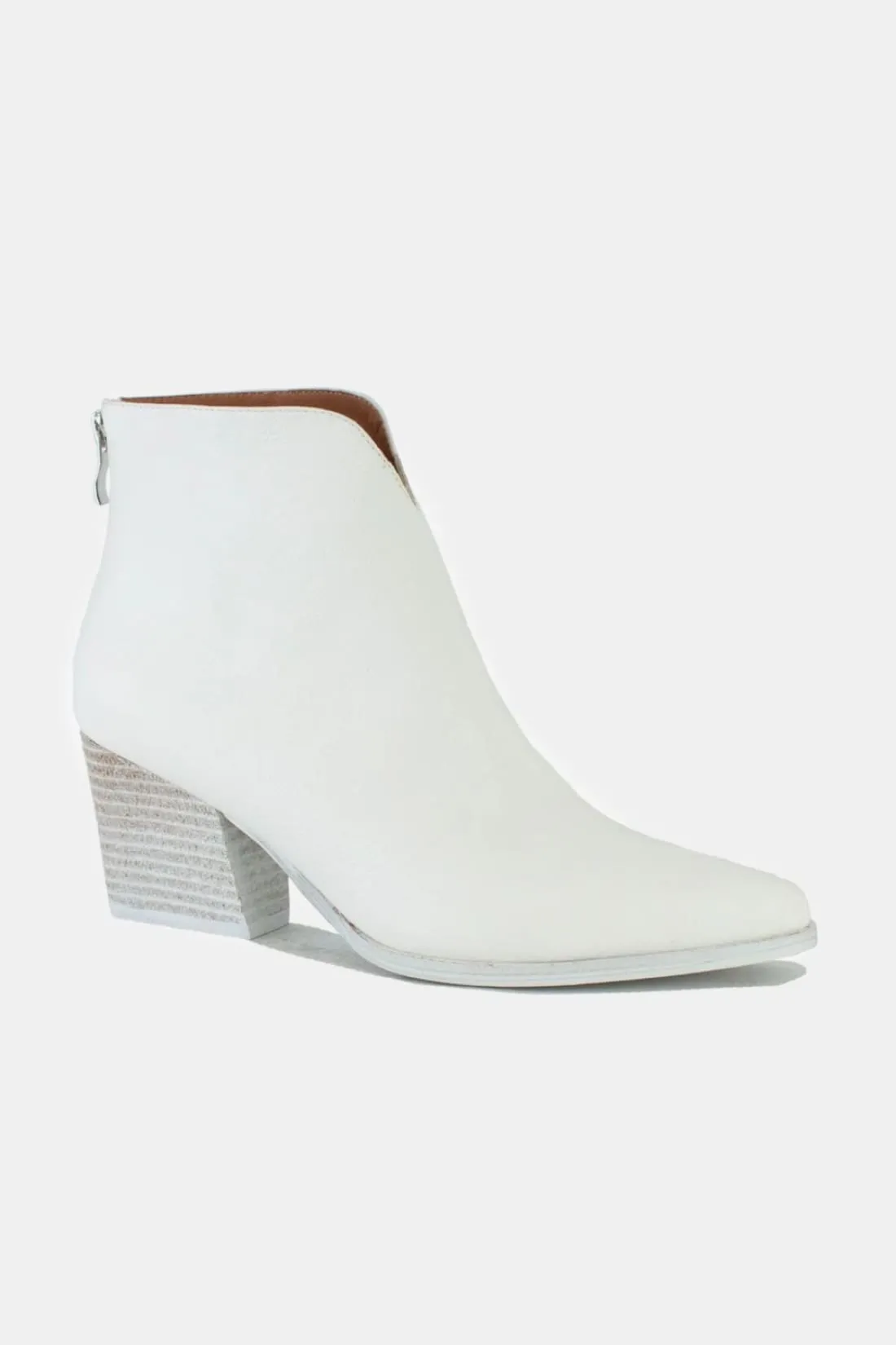 Faux Leather Block Heel Boots with Back Zippers in White