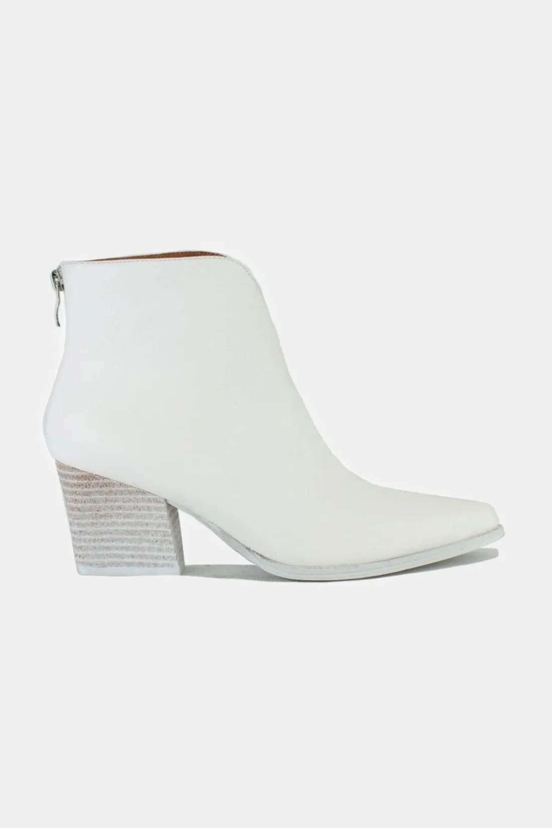 Faux Leather Block Heel Boots with Back Zippers in White