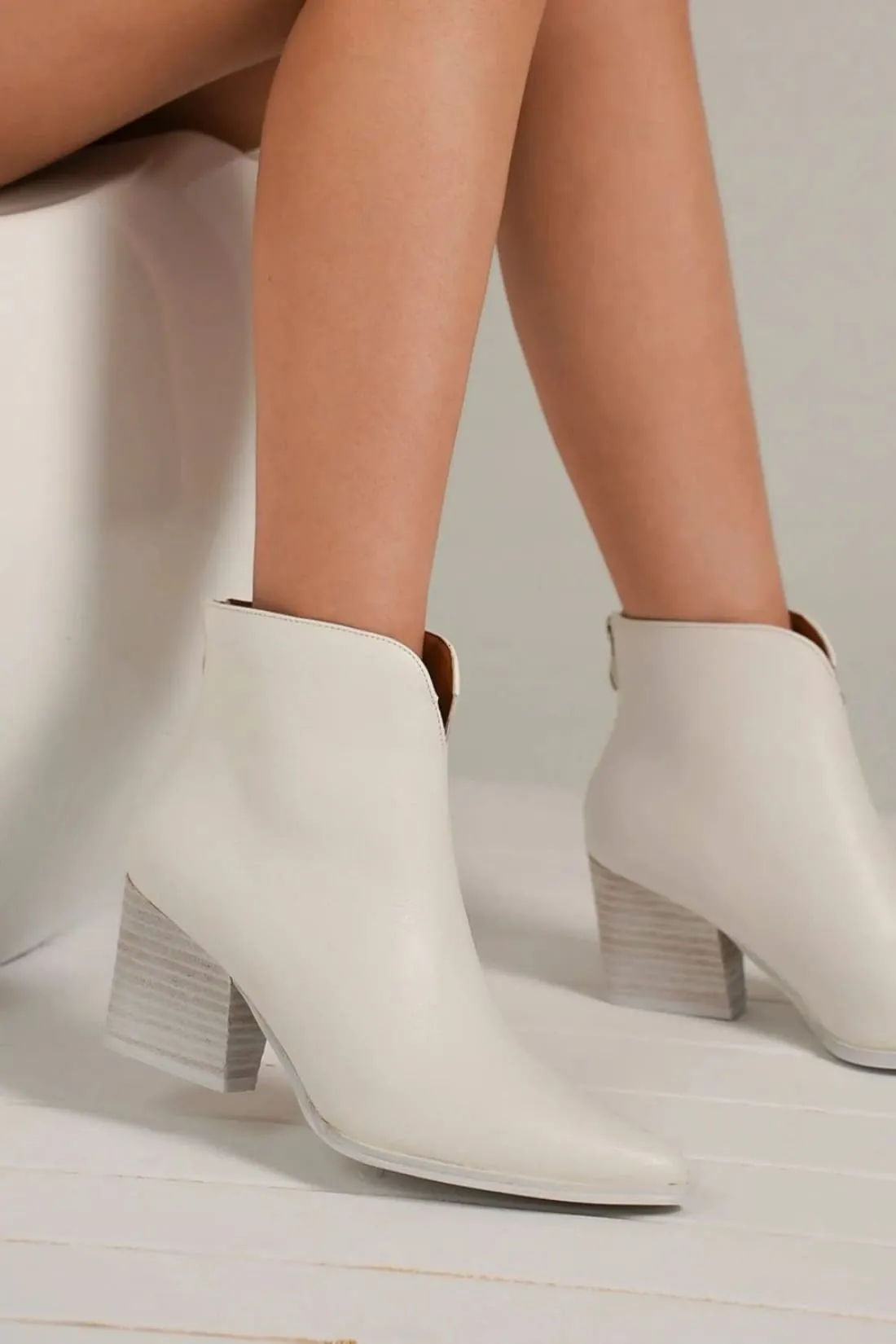 Faux Leather Block Heel Boots with Back Zippers in White