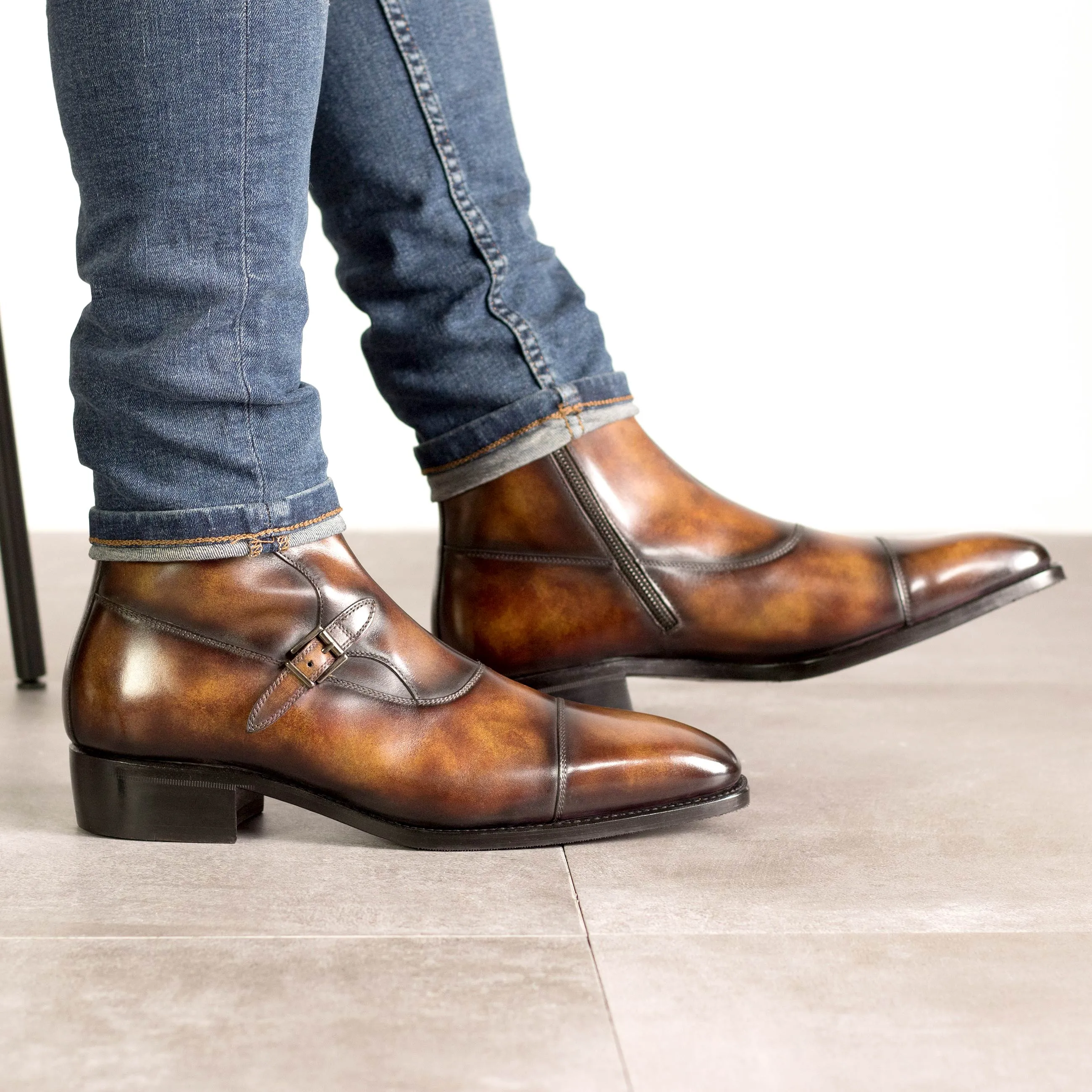 Fire Patina Leather Double Monk Boots
