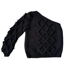 Flat White Anthropologie Sweater Womens Medium Black Bobble One Shoulder Chunky