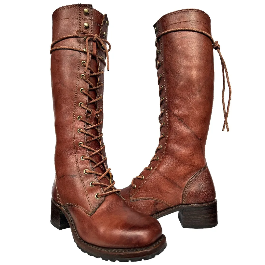 FRYE Vintage Campus Lace Up Tall Knee High Zippered Brown Leather Boots