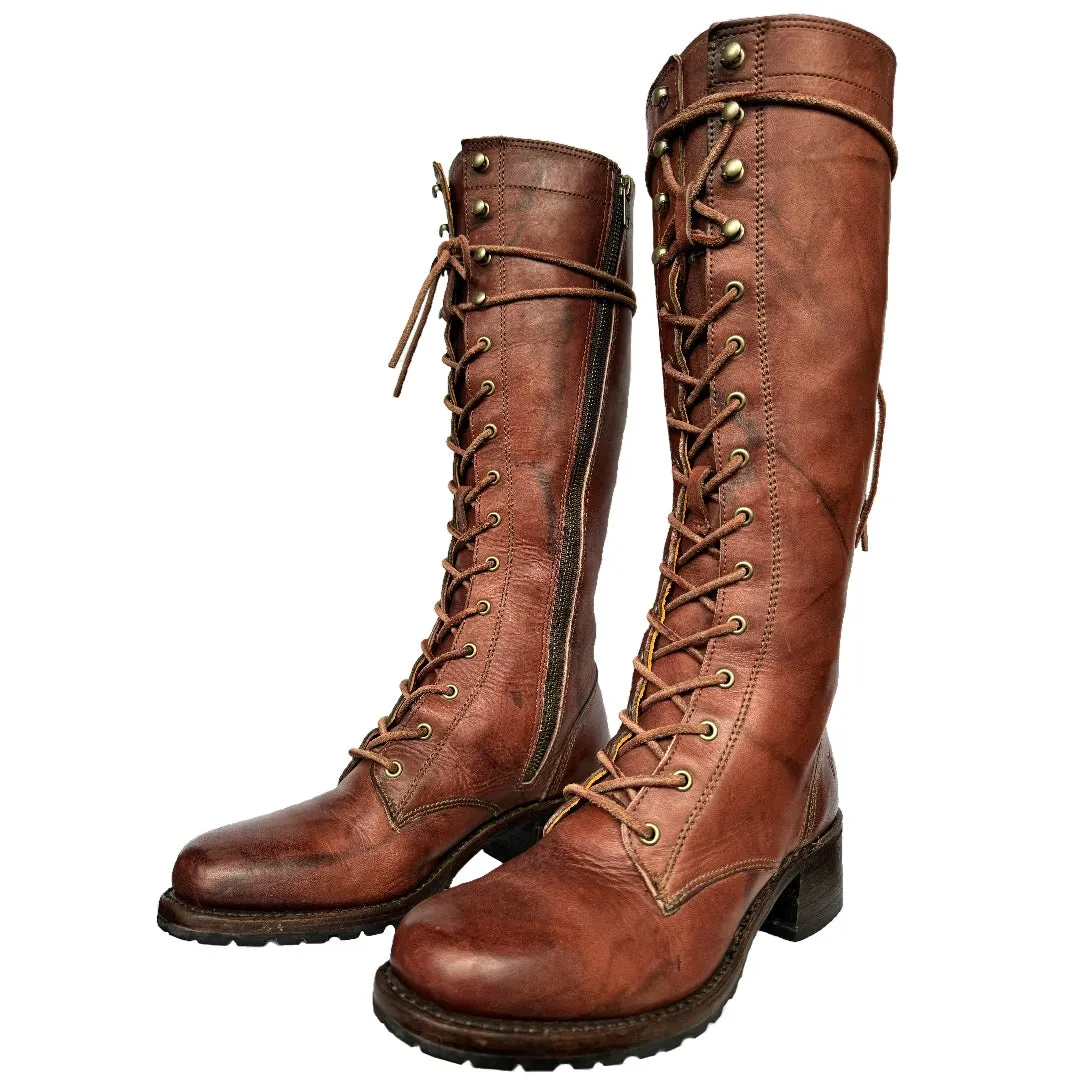 FRYE Vintage Campus Lace Up Tall Knee High Zippered Brown Leather Boots