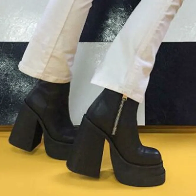 Genuine Leather Women Ankle Boots High Heels Platform