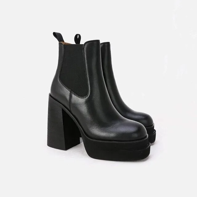 Genuine Leather Women Ankle Boots High Heels Platform