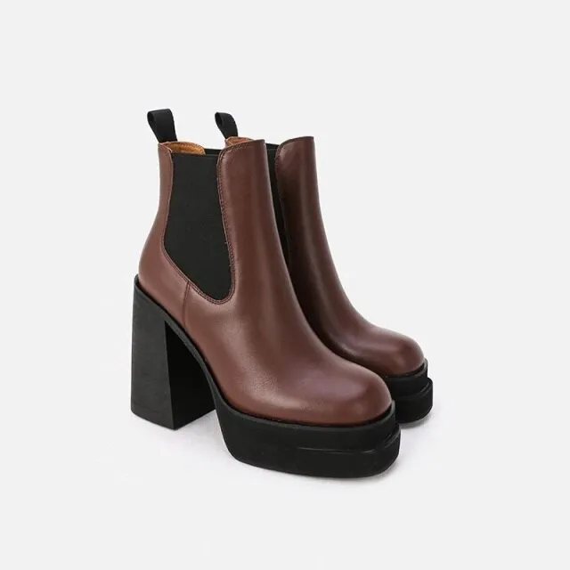 Genuine Leather Women Ankle Boots High Heels Platform