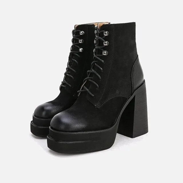 Genuine Leather Women Ankle Boots High Heels Platform