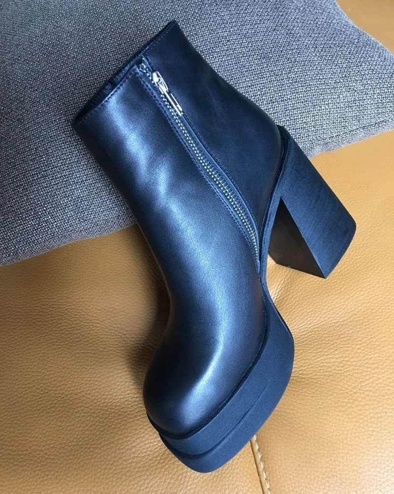 Genuine Leather Women Ankle Boots High Heels Platform