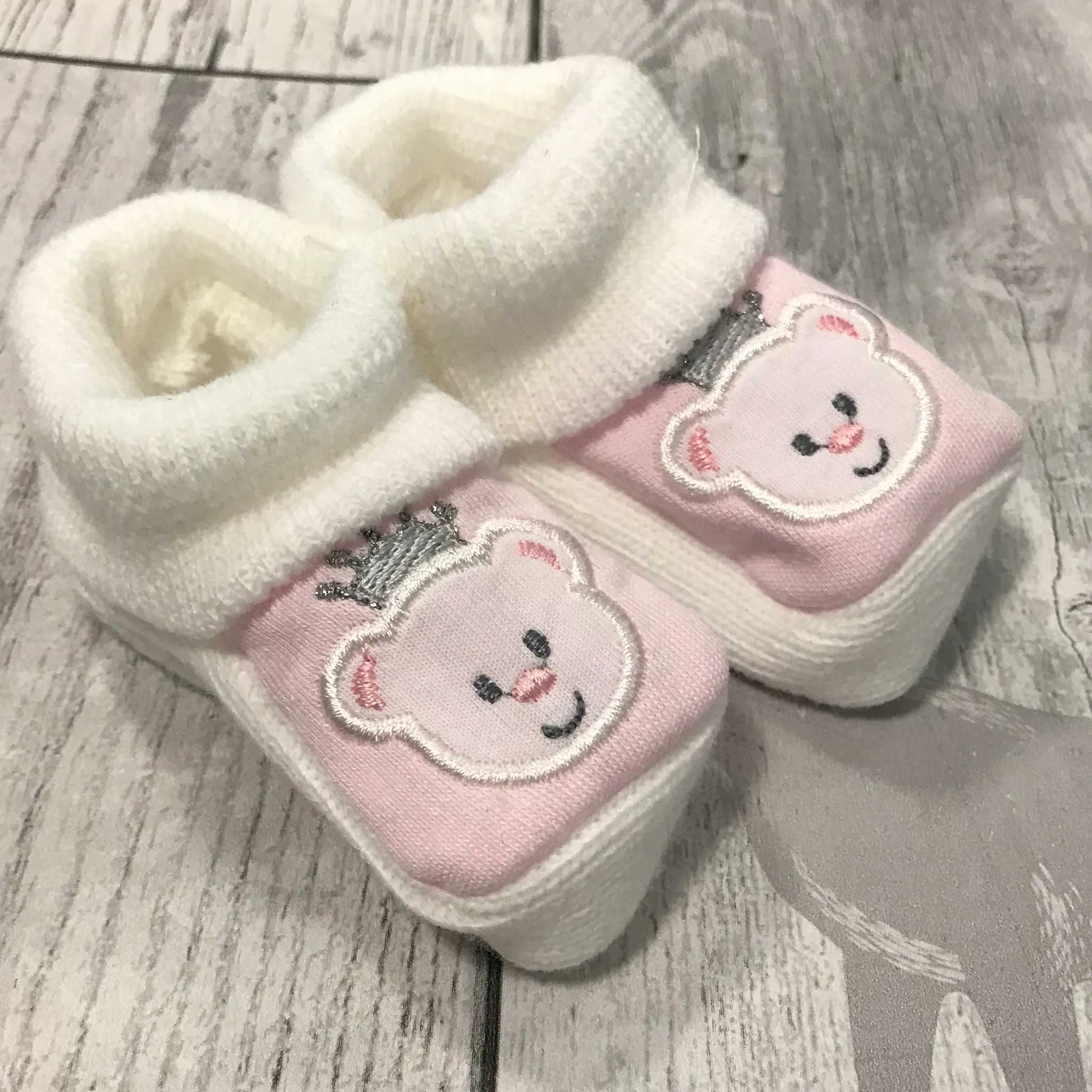 Girls Booties - with embroidered bear - Newborn to 6 months
