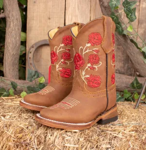 GIRLS TODDLER YOUTH Red rose embroidered western square toe leather cowboy boots