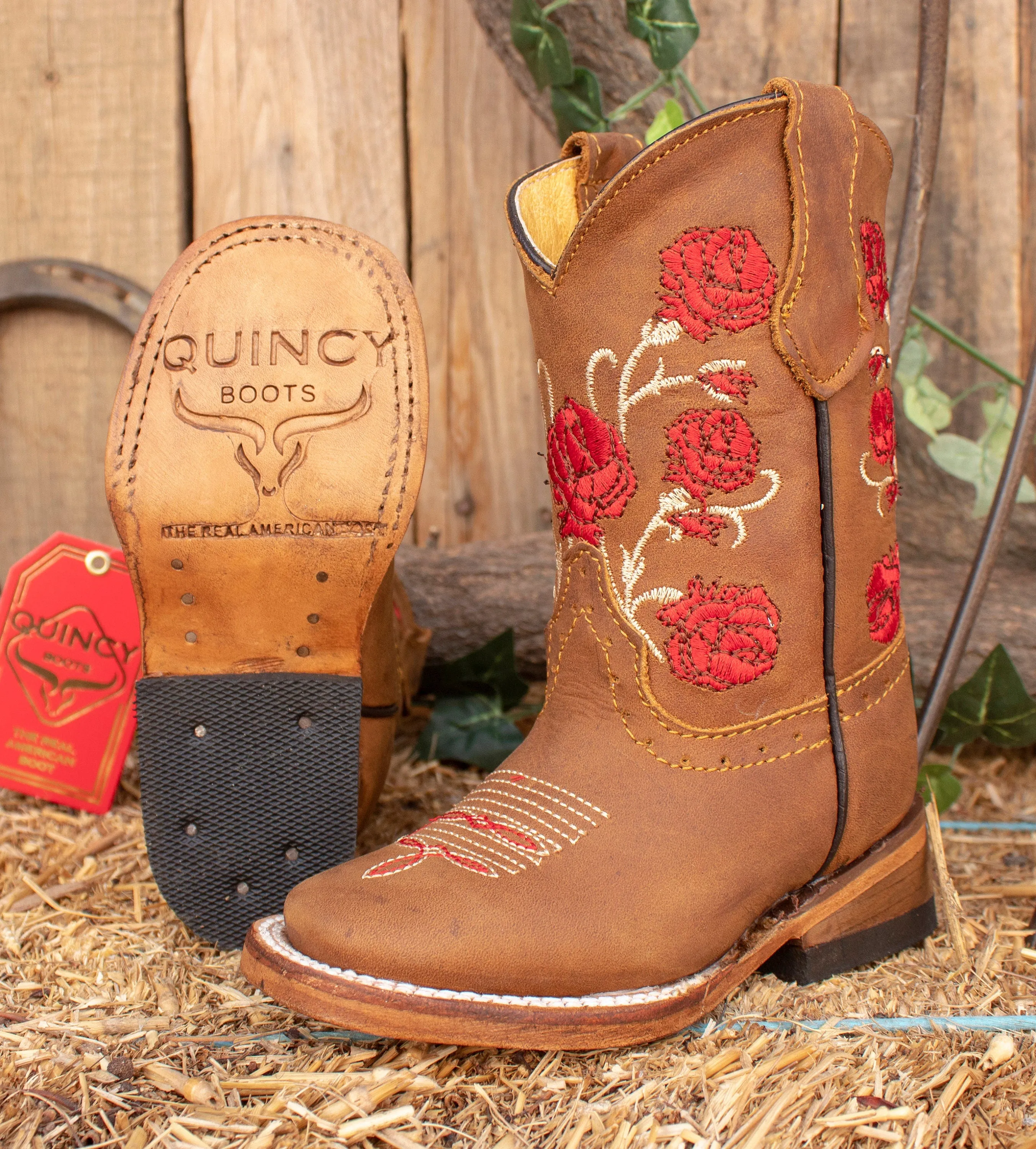 GIRLS TODDLER YOUTH Red rose embroidered western square toe leather cowboy boots