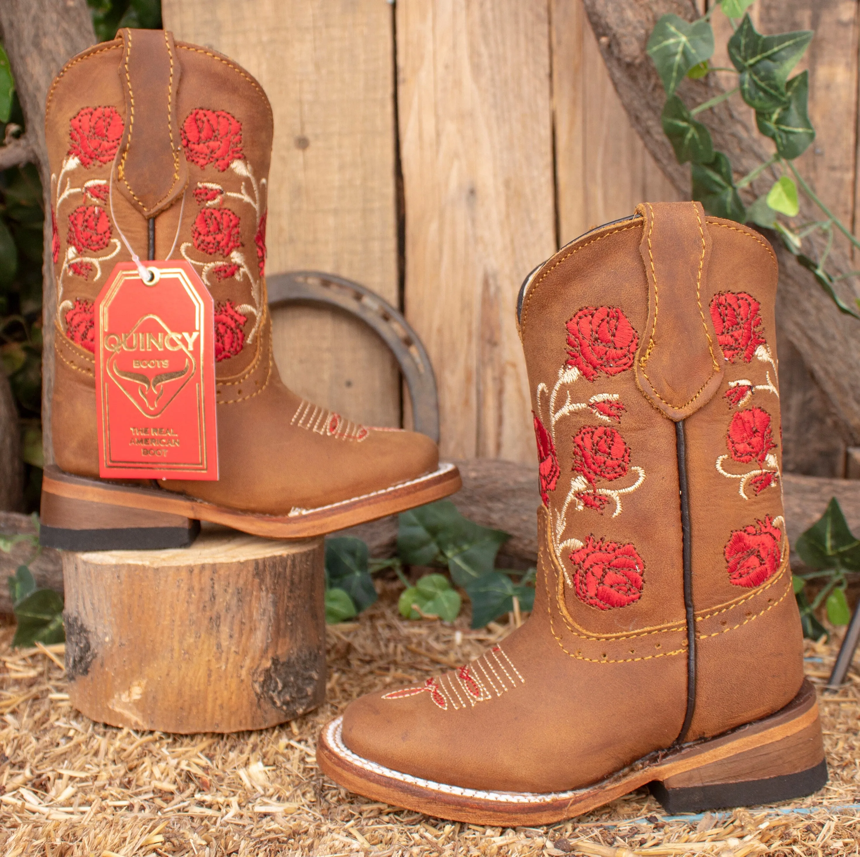 GIRLS TODDLER YOUTH Red rose embroidered western square toe leather cowboy boots