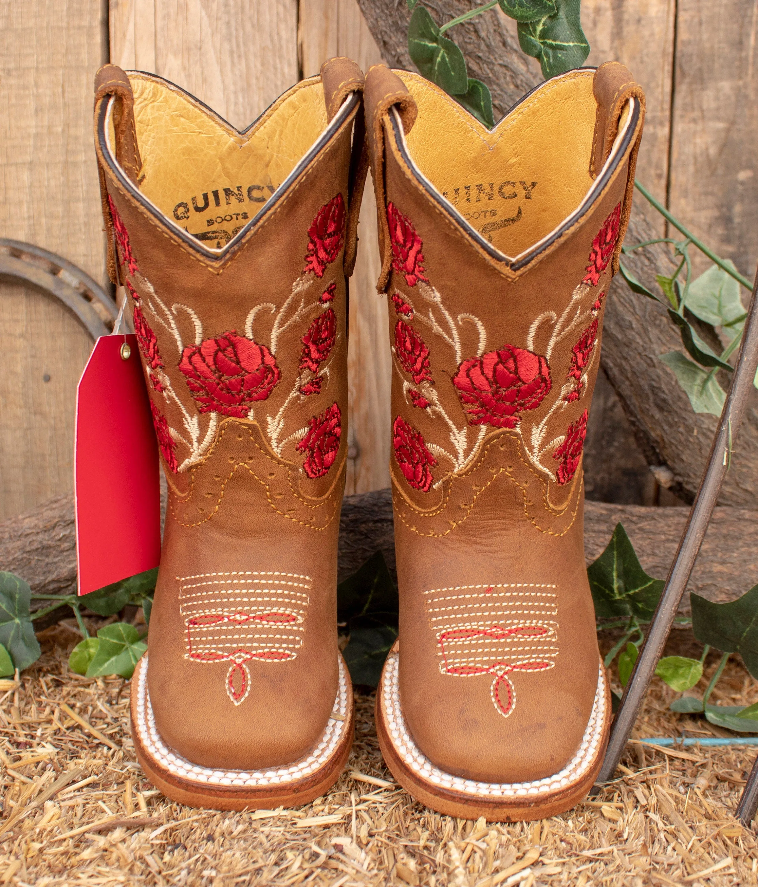 GIRLS TODDLER YOUTH Red rose embroidered western square toe leather cowboy boots