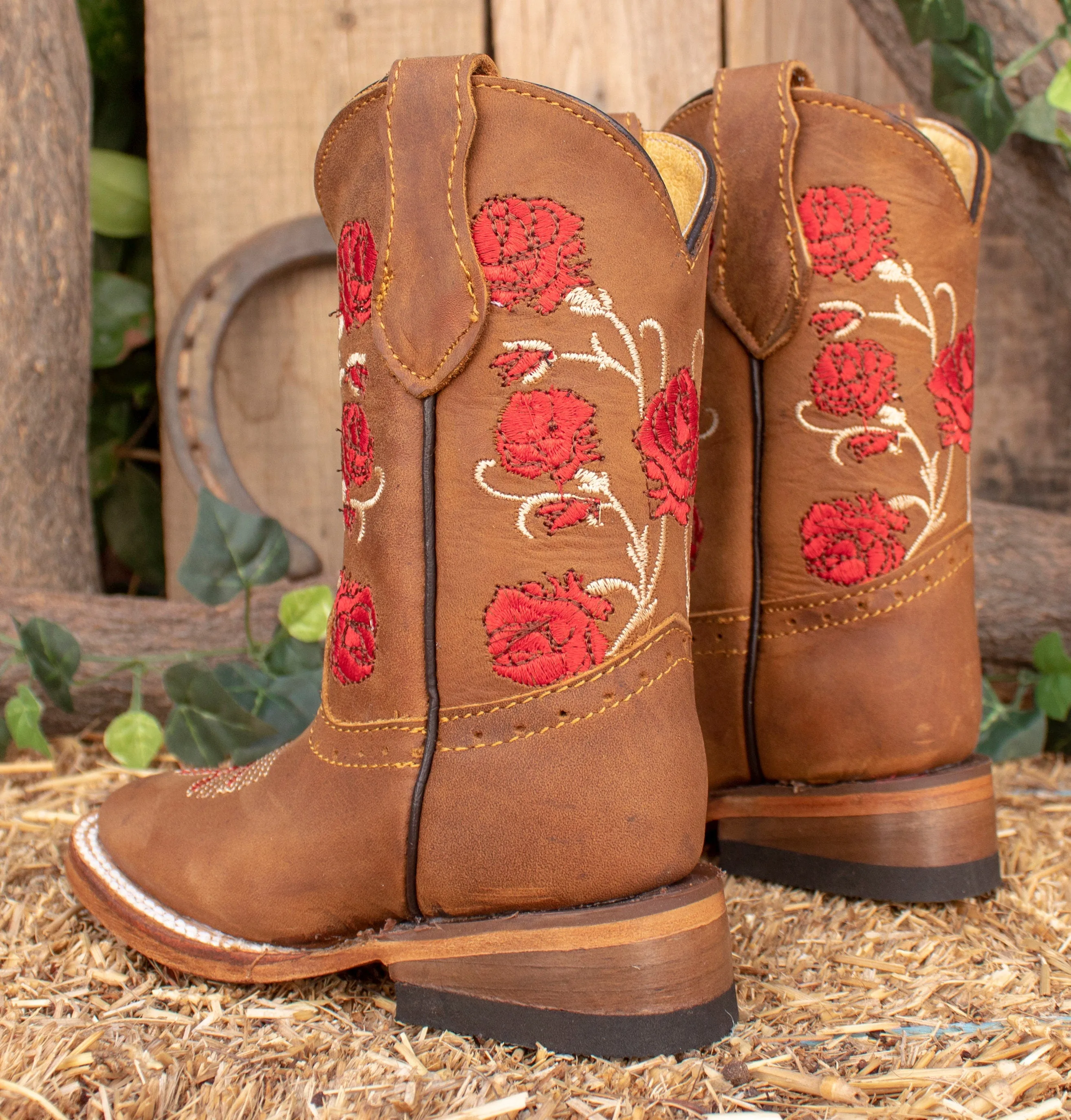 GIRLS TODDLER YOUTH Red rose embroidered western square toe leather cowboy boots