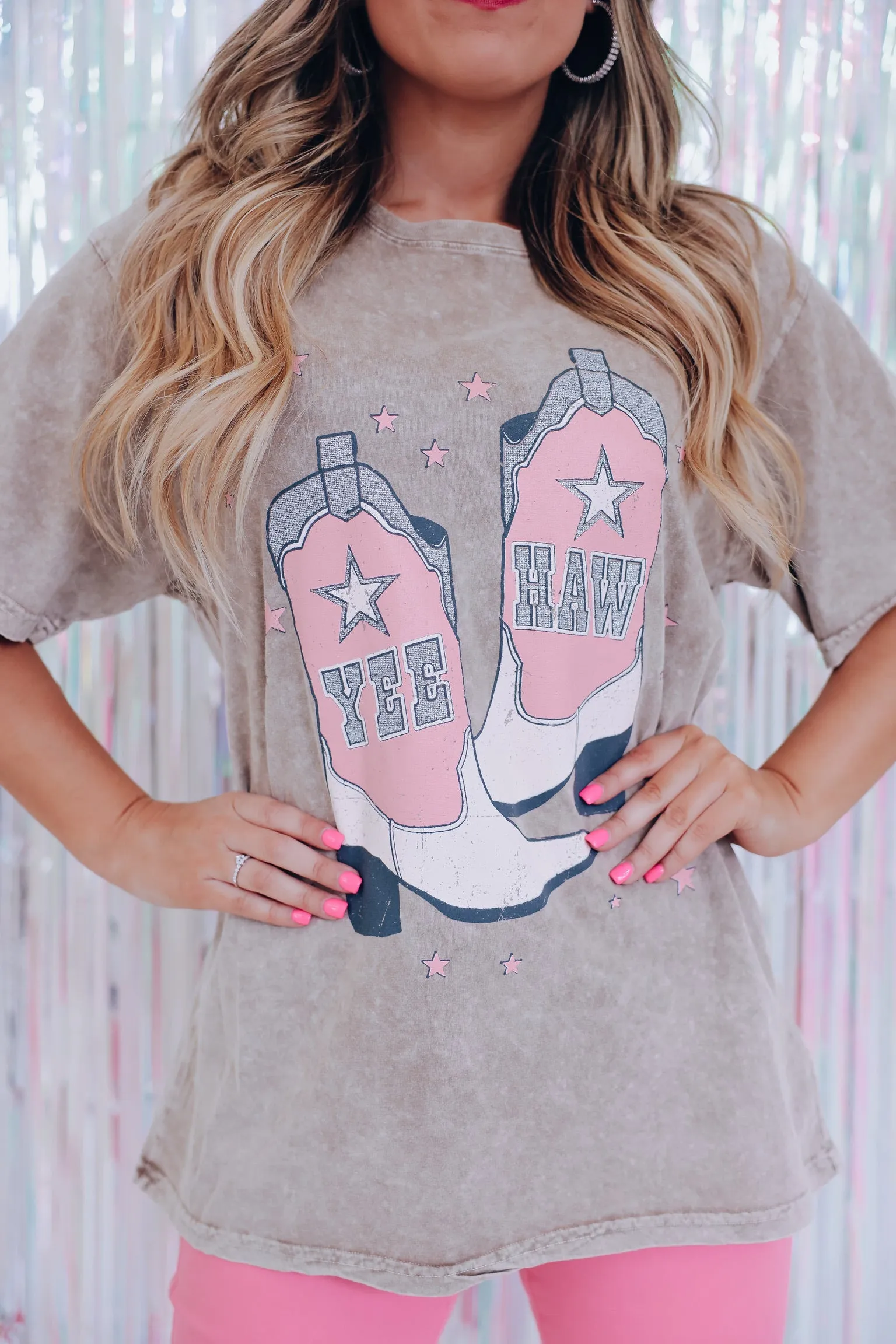 Glitter Yee Haw Graphic Tee - Tan