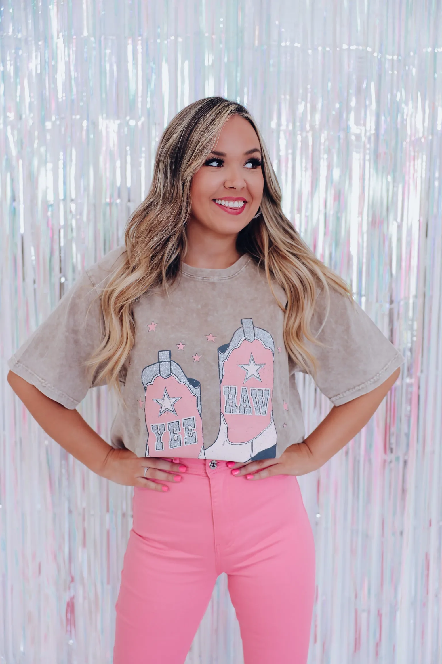 Glitter Yee Haw Graphic Tee - Tan