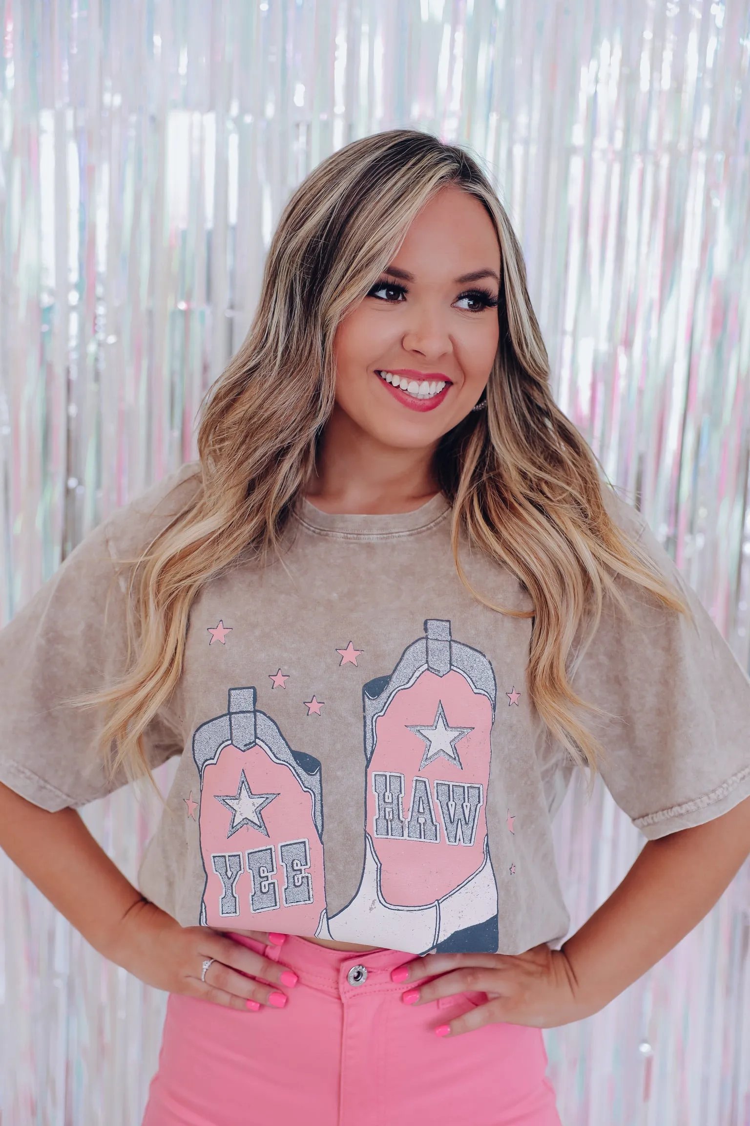 Glitter Yee Haw Graphic Tee - Tan