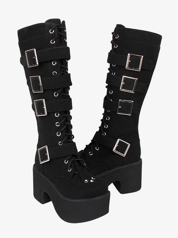 Gothic Lolita Boots PU Leather PU Round Toe Black Lolita Footwear