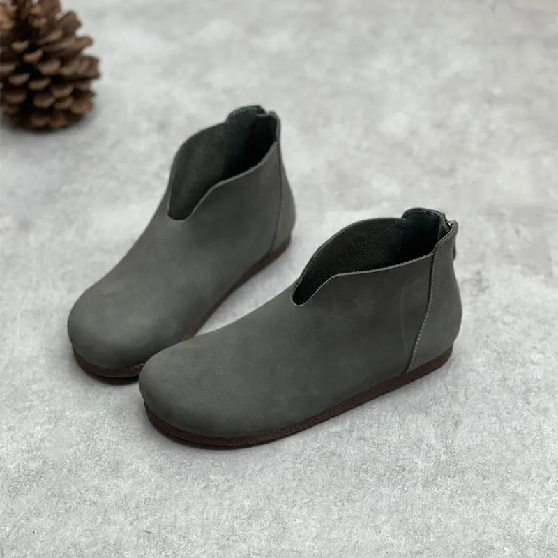 Gray Retro Minimalist Zipper Round Toe Flat Booties for Women