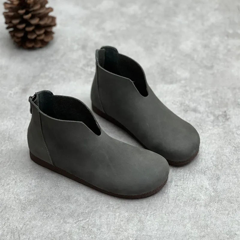 Gray Retro Minimalist Zipper Round Toe Flat Booties for Women