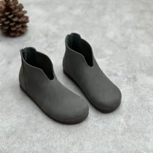 Gray Retro Minimalist Zipper Round Toe Flat Booties for Women