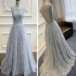 Gray V Back Tulle Lace Appliques Prom Dresses Online Elegant Round Neck Long Evening Dresses