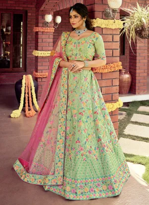 Green And Pink Reshamkari Embroidered Wedding Lehenga Choli