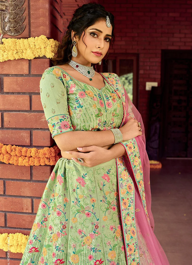 Green And Pink Reshamkari Embroidered Wedding Lehenga Choli
