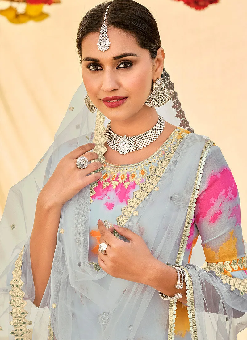 Grey And Orange Embroidered Sharara Suit